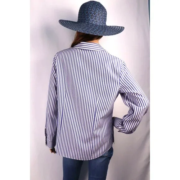 Chicos Blue & White Striped No-Iron Button-Up Shirt Womens Size 1 (M) 95% Cotton - Picture 2 of 11
